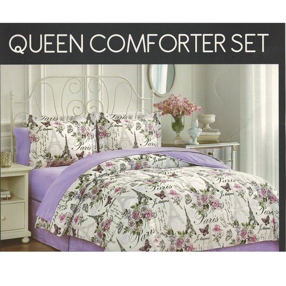 Paris Comforter Set Floral with Paris City Scenes 8 Piece Comforter Set Queen - Picture 3 of 3